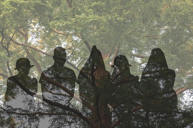 Silhouettes of children and tree outdoors, double exposure