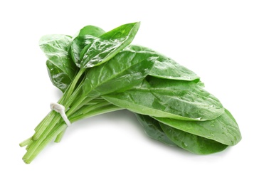 Bunch of fresh green healthy baby spinach leaves isolated on white