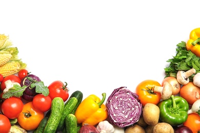 Photo of Assortment of fresh vegetables on white background, top view. Space for text