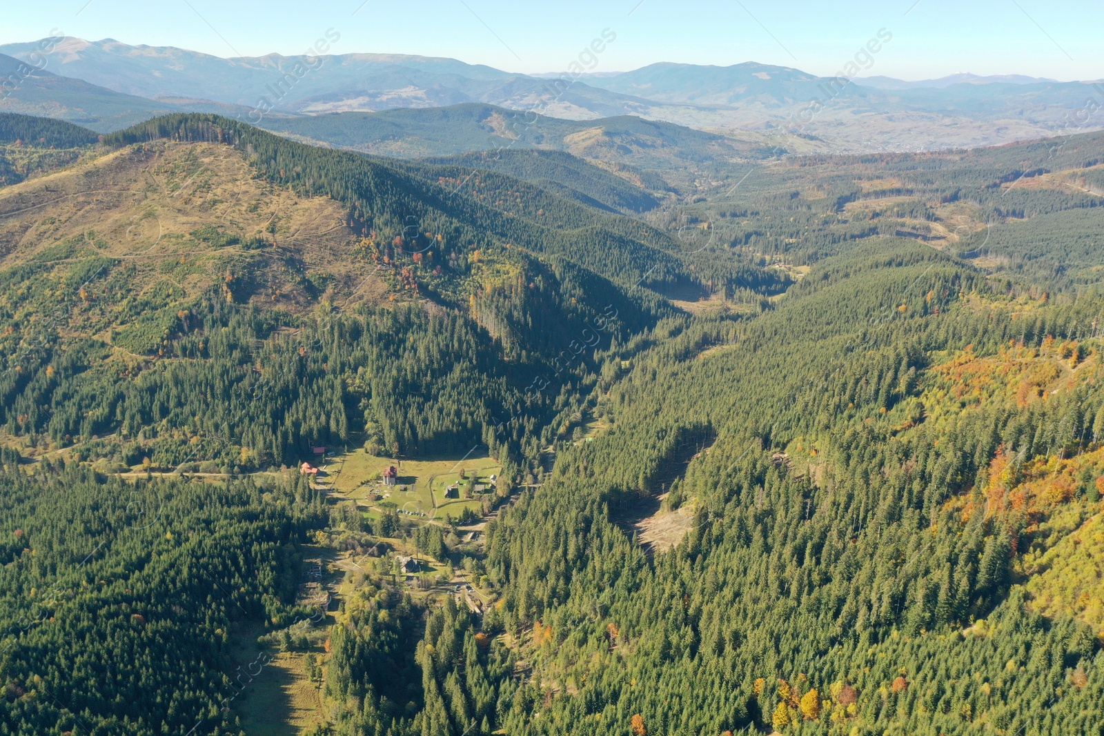 Photo of Beautiful mountains covered with forest on sunny day. Drone photography