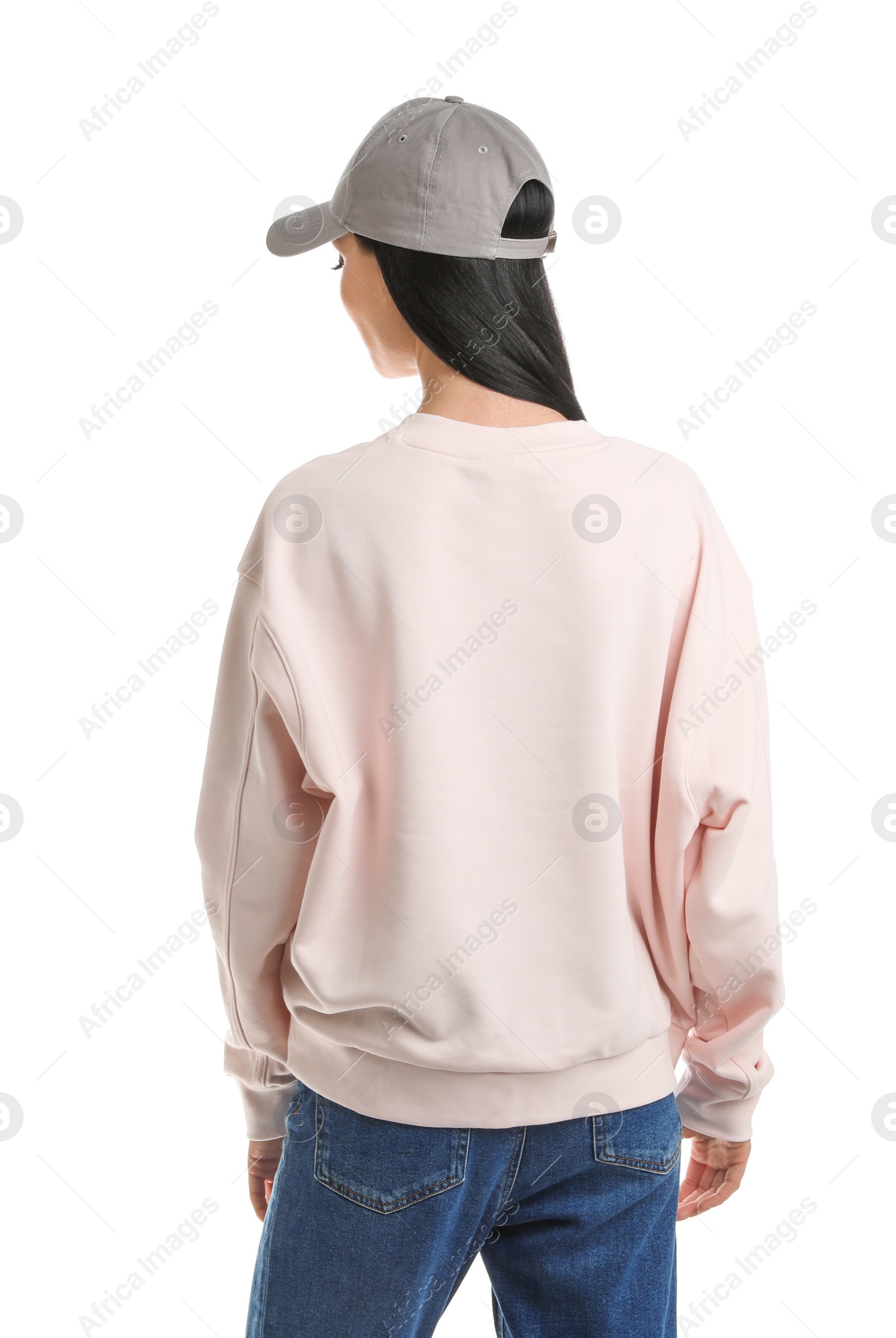 Photo of Young woman in sweater isolated on white. Mock up for design