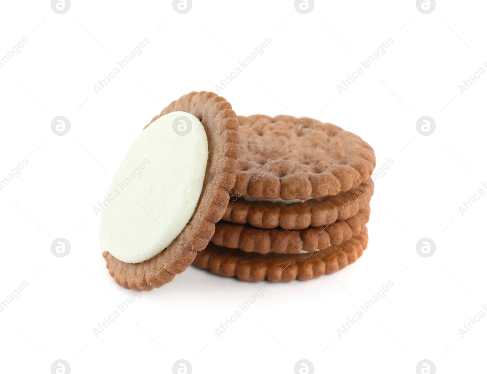 Photo of Tasty chocolate sandwich cookies with cream on white background