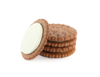 Photo of Tasty chocolate sandwich cookies with cream on white background