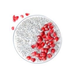 Photo of Dessert bowl of tasty chia seed pudding with pomegranate on white background, top view