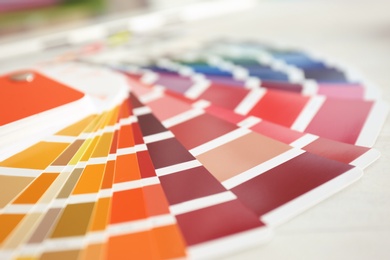 Photo of Paint color palette samples, closeup. House refurbishment