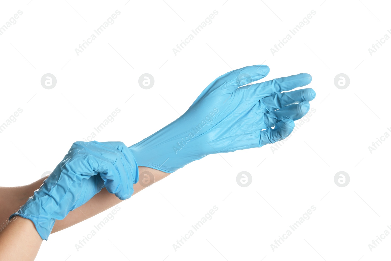 Photo of Doctor wearing medical gloves on white background