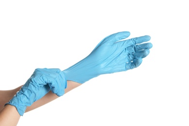 Photo of Doctor wearing medical gloves on white background