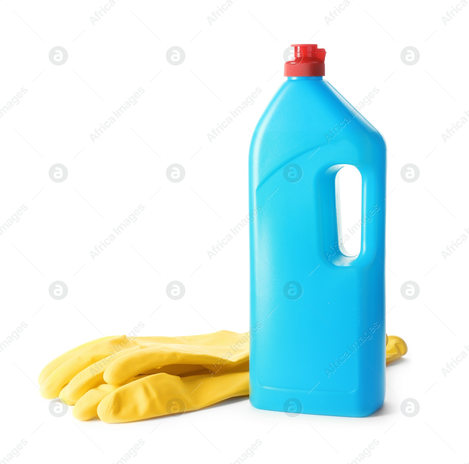 Photo of Cleaning product and rubber gloves for dish washing on white background