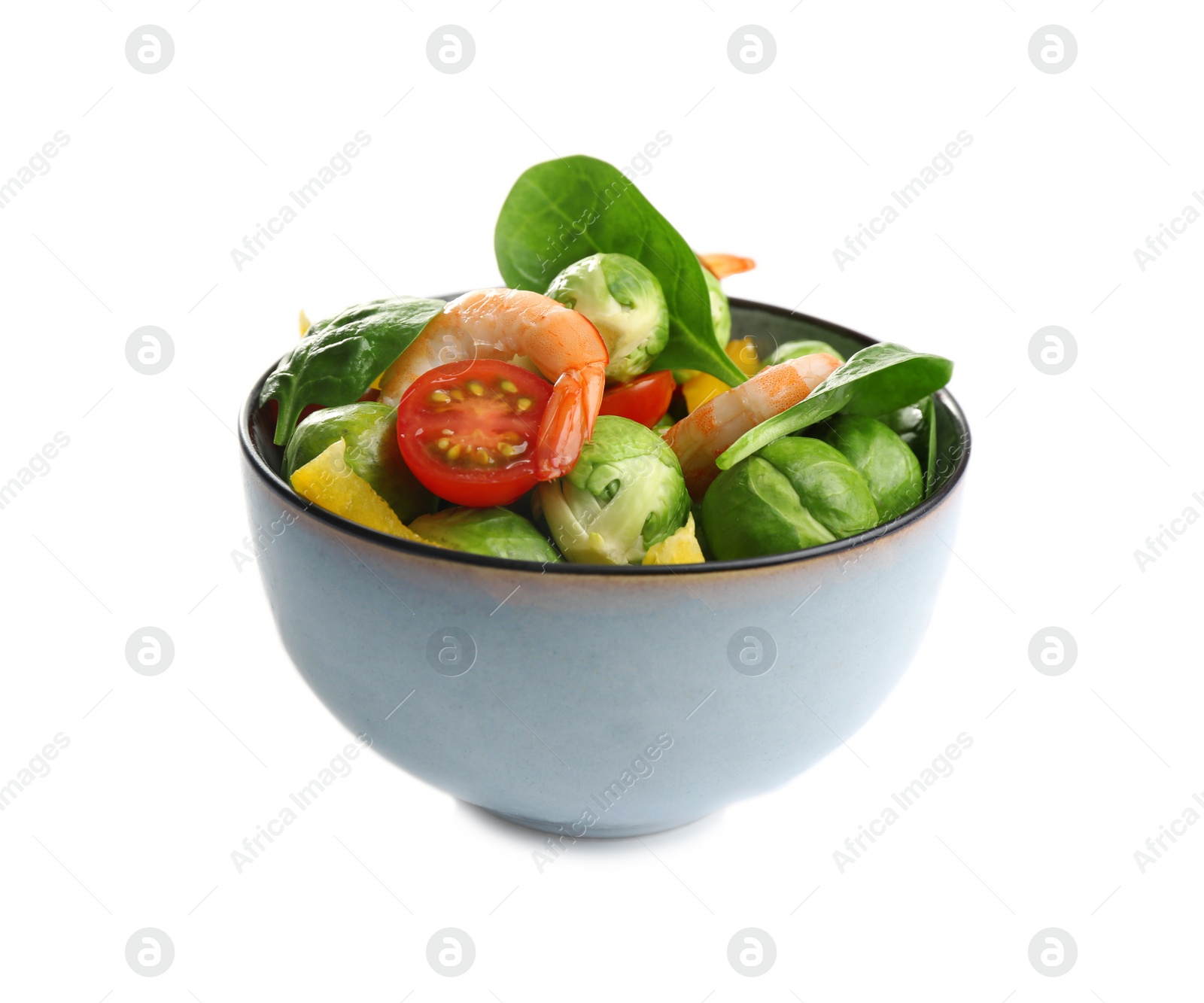 Photo of Tasty salad with Brussels sprouts in bowl isolated on white