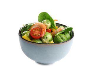 Tasty salad with Brussels sprouts in bowl isolated on white