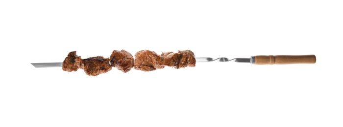 Photo of Metal skewer with delicious meat on white background, top view