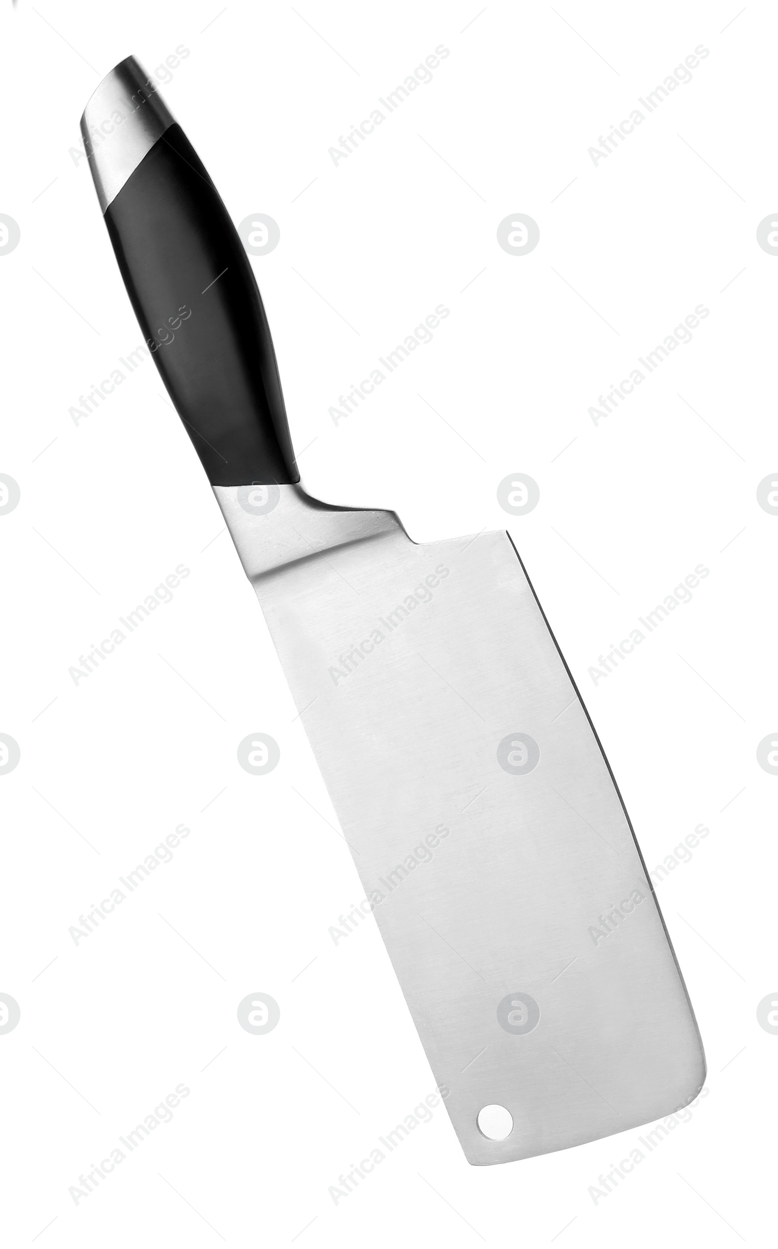 Photo of Large sharp cleaver knife with black handle isolated on white