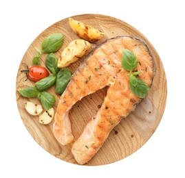 Plate with tasty salmon steak on white background