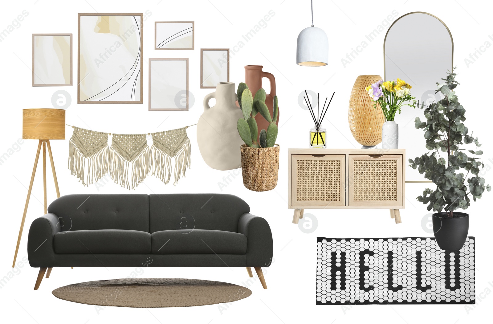 Image of Stylish hall interior with different decorative elements and furniture on white background. Mood board collage