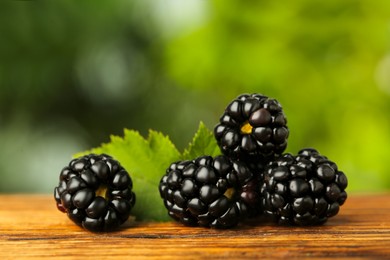 Fresh ripe blackberries on wooden table outdoors, closeup