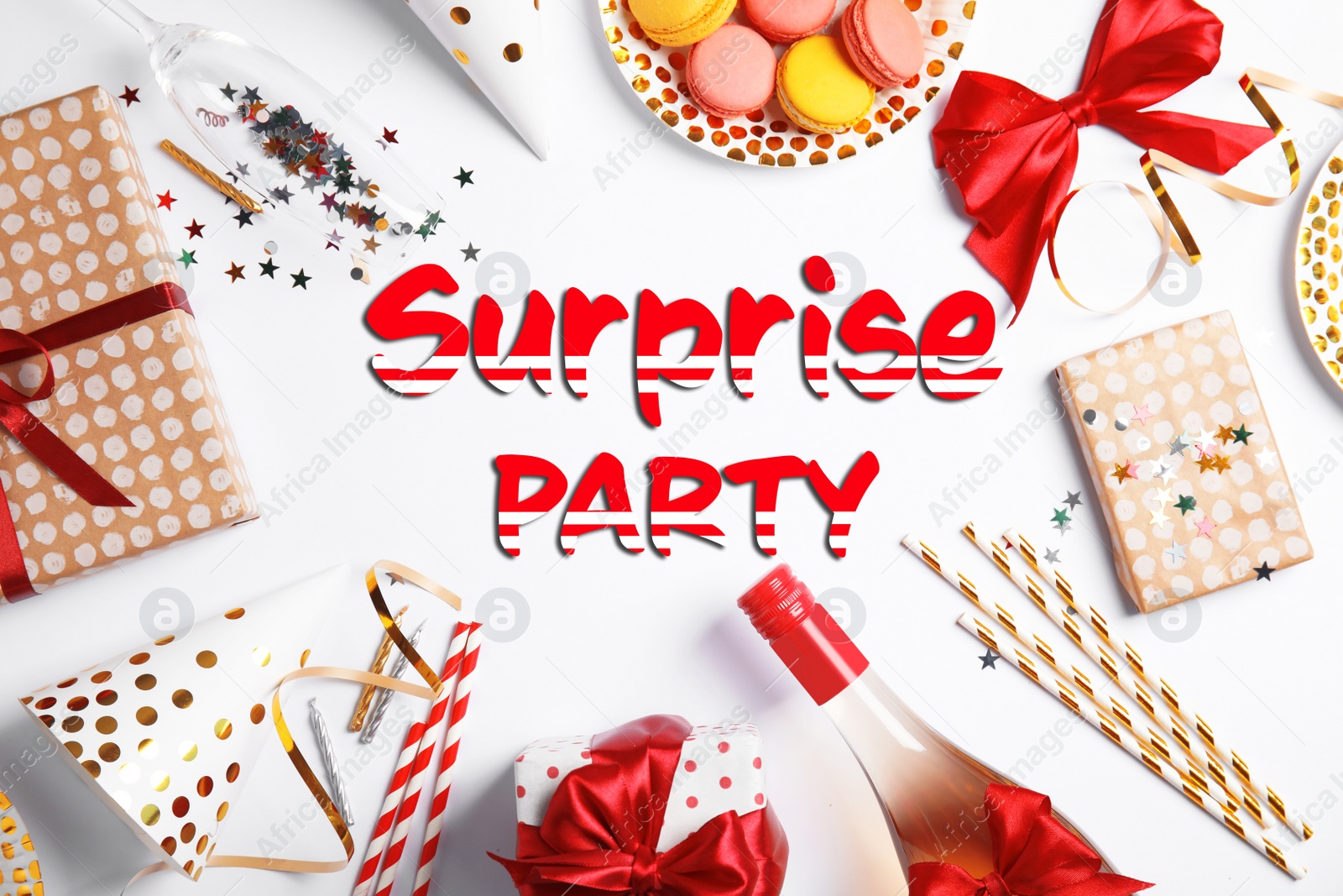 Image of Flat lay composition with different items for surprise party on white background