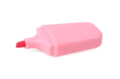 Photo of One pink marker on white background. School stationery