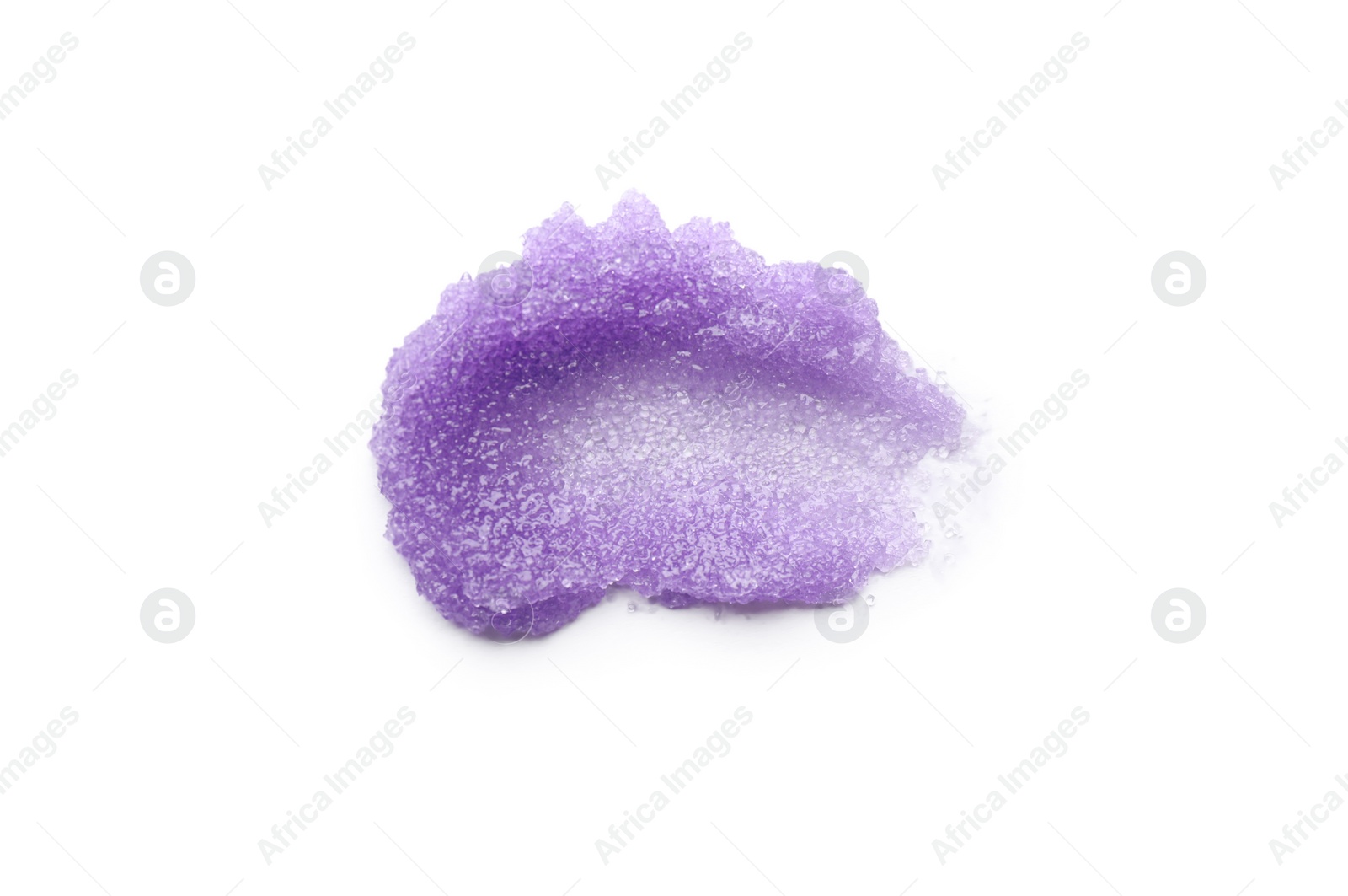 Photo of Smear of purple body scrub isolated on white, top view