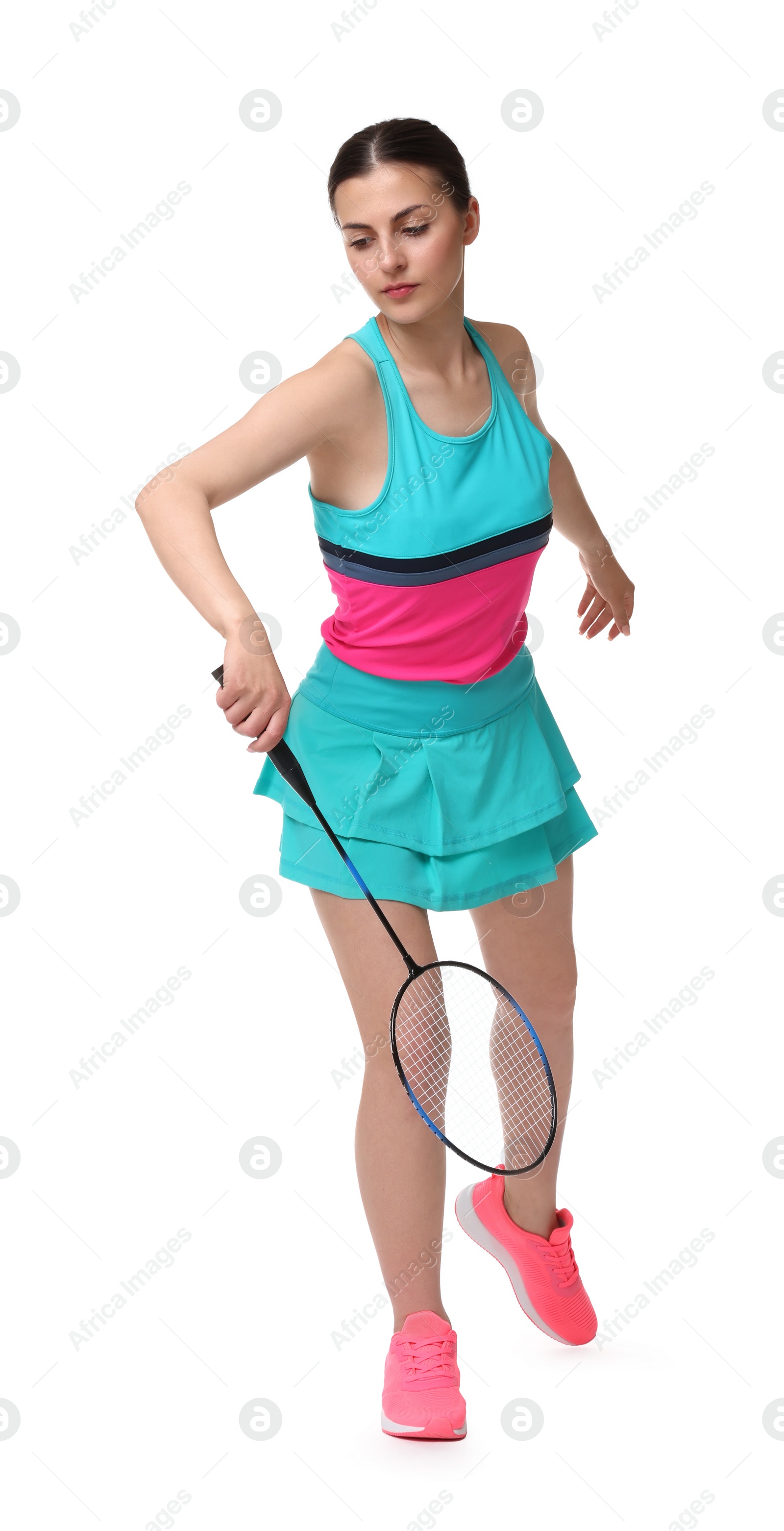 Photo of Young woman playing badminton with racket on white background