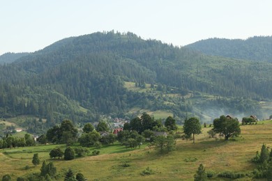 Photo of Picturesque view of trees and village in mountains