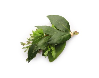 Bundle of aromatic bay leaves and different herbs isolated on white, top view