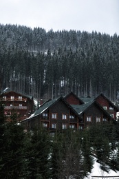 Beautiful view of resort near forest on snowy day. Winter vacation