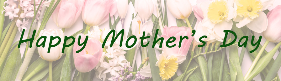 Image of Phrase HAPPY MOTHER'S DAY over different spring flowers as background, flat lay. Banner design