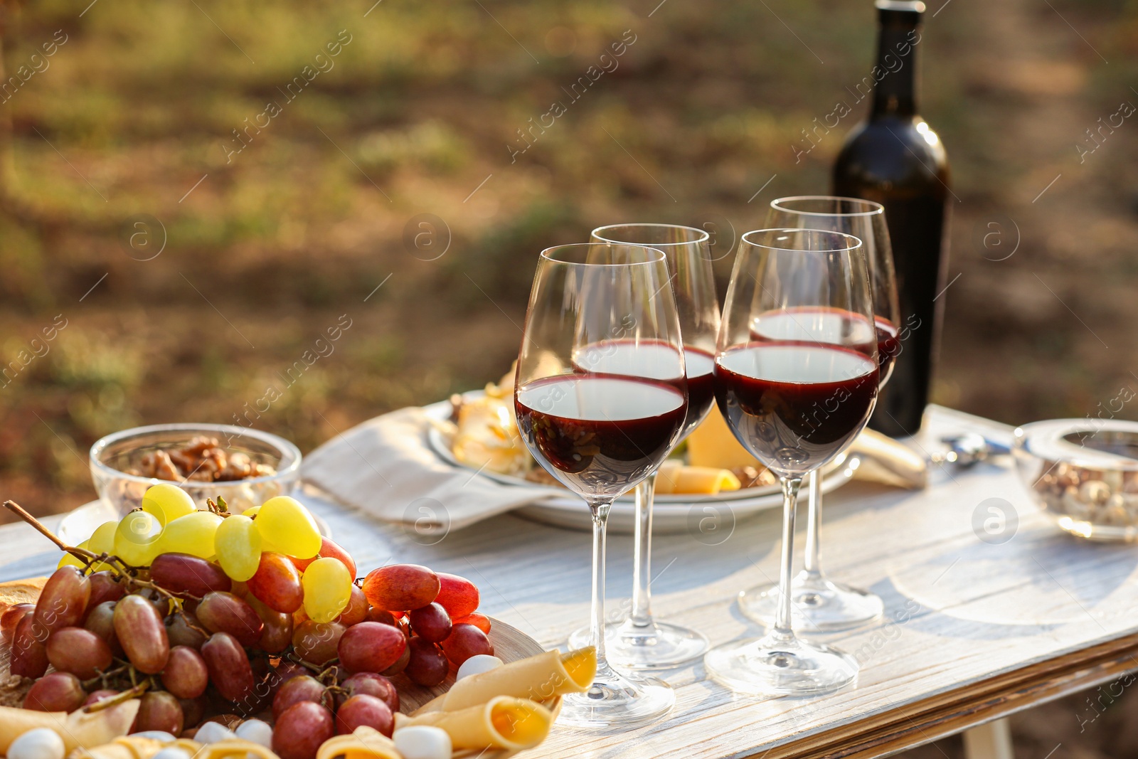 Photo of Red wine and snacks served for picnic on white wooden table outdoors