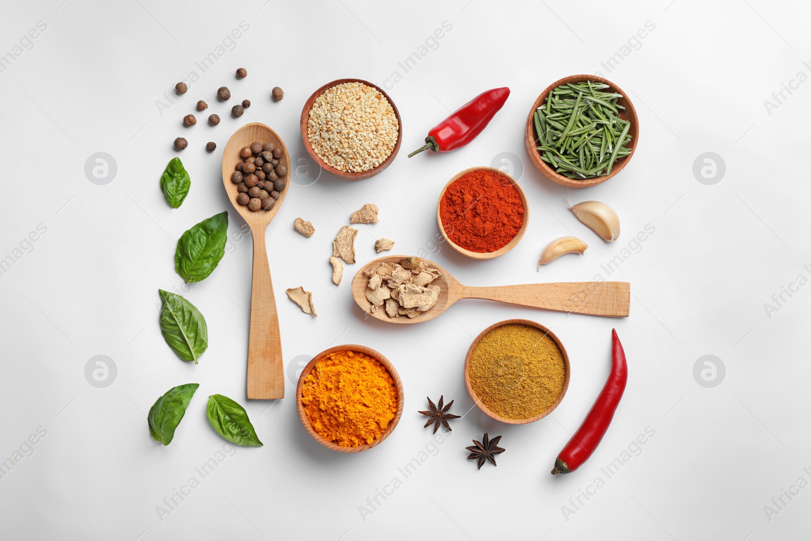 Photo of Beautiful composition with different aromatic spices on white background