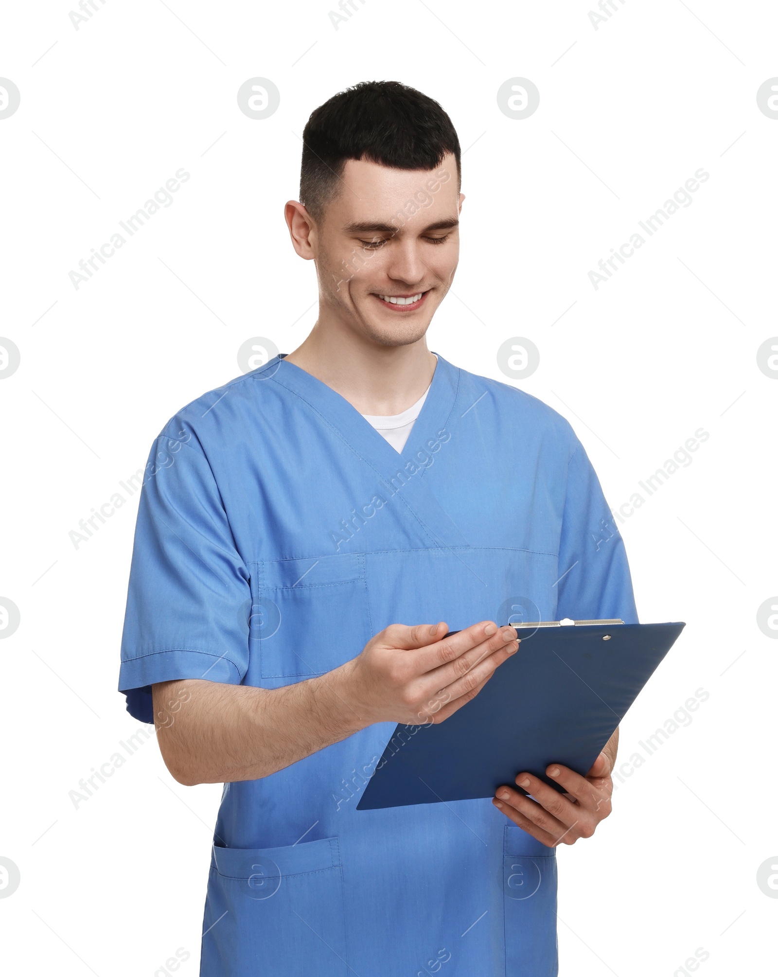 Photo of Portrait of smiling medical assistant with clipboard on white background