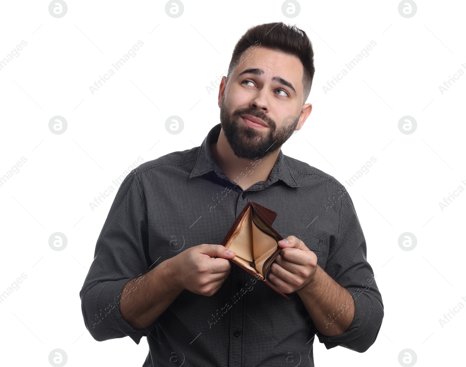 Photo of Man showing empty wallet on white background