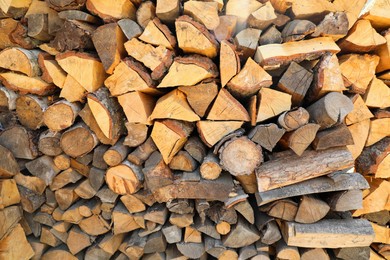Photo of Stacked firewood as background. Heating in winter