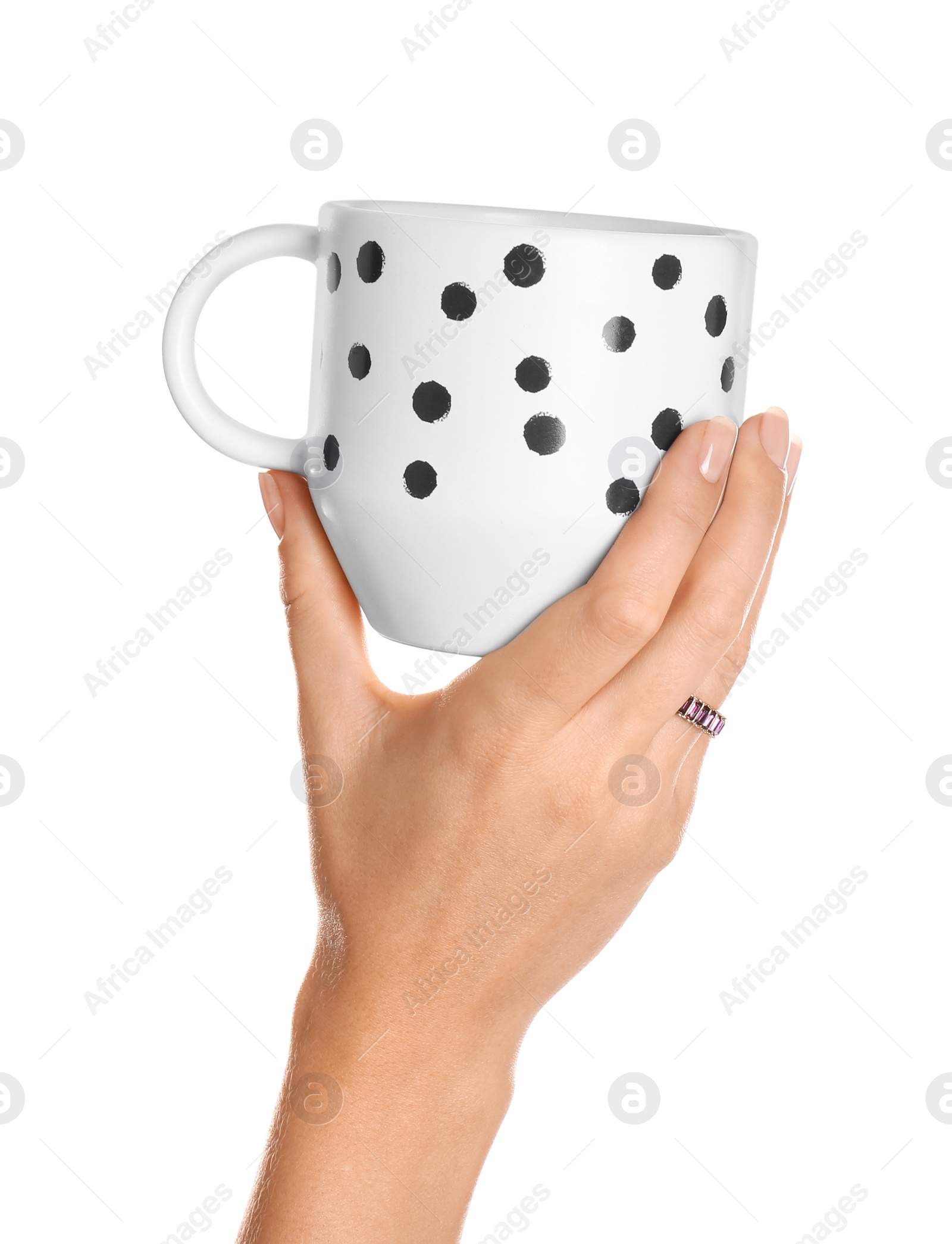 Photo of Woman holding elegant cup on white background, closeup