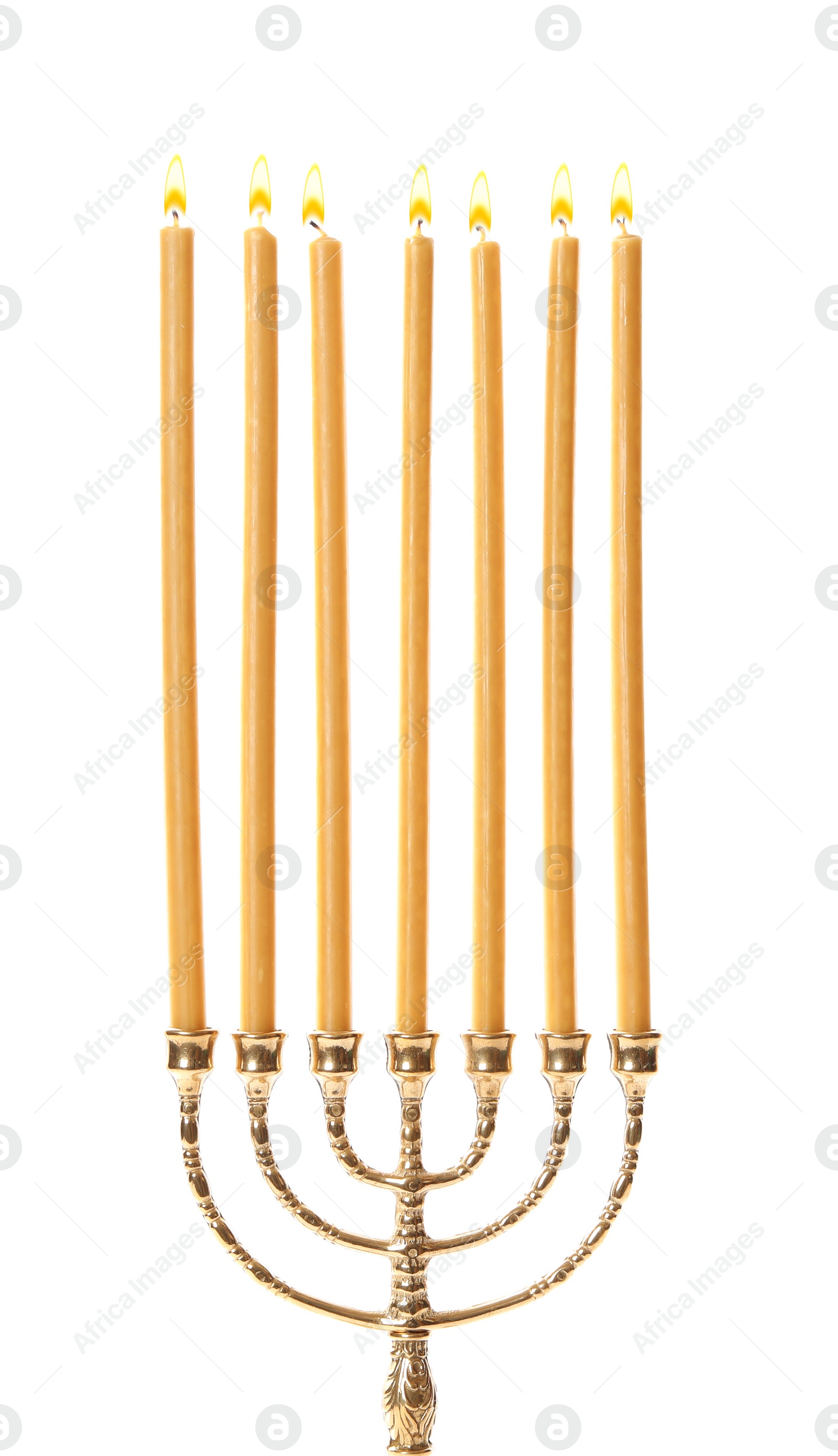 Photo of Golden menorah with burning candles on white background