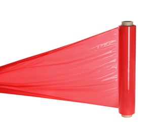 Photo of Roll of red plastic stretch wrap on white background