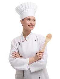 Photo of Happy chef in uniform holding wooden spoon on white background