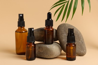Photo of Bottles of organic cosmetic products, green leaf and stones on beige background