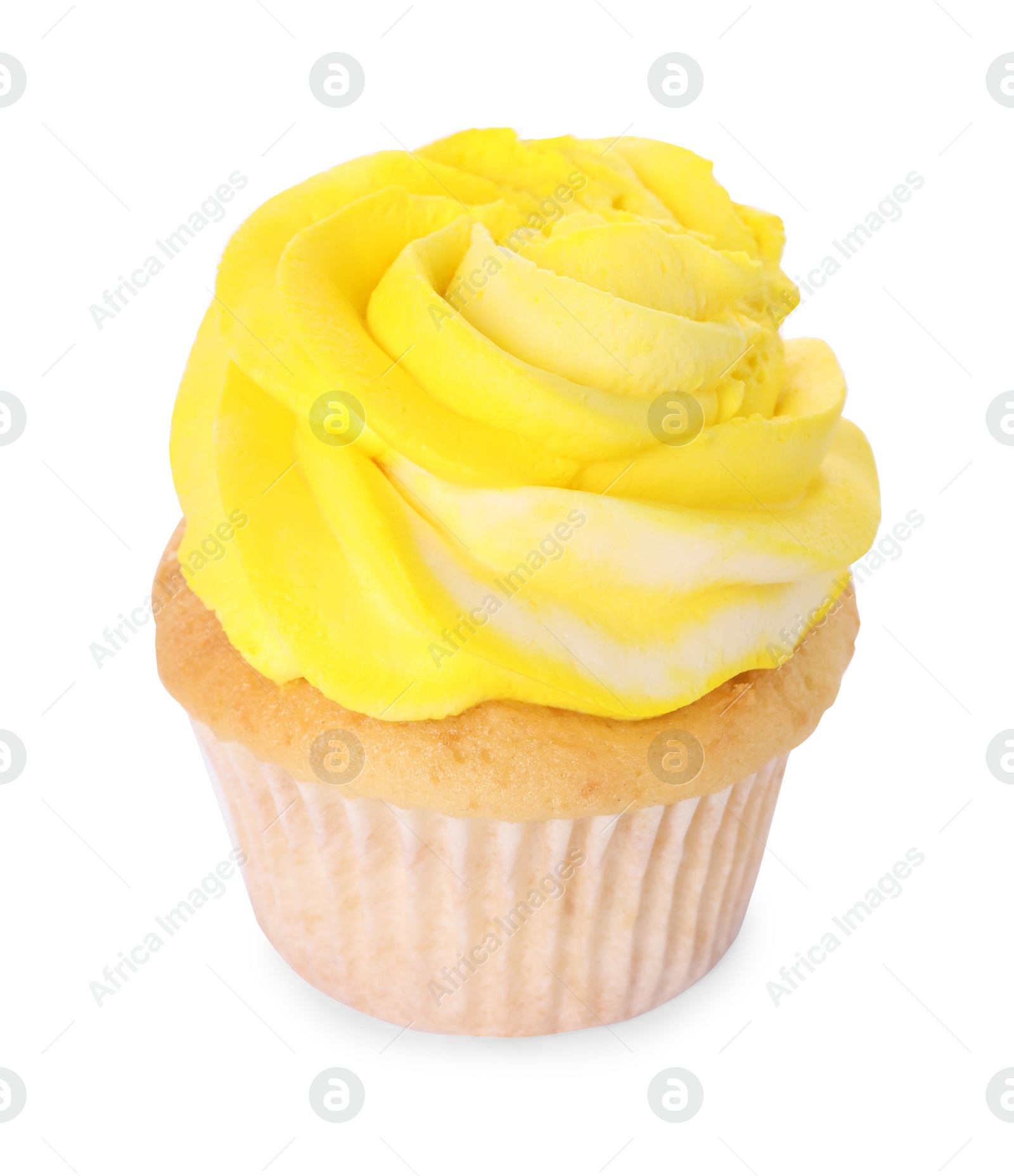 Photo of Delicious cupcake with bright cream isolated on white