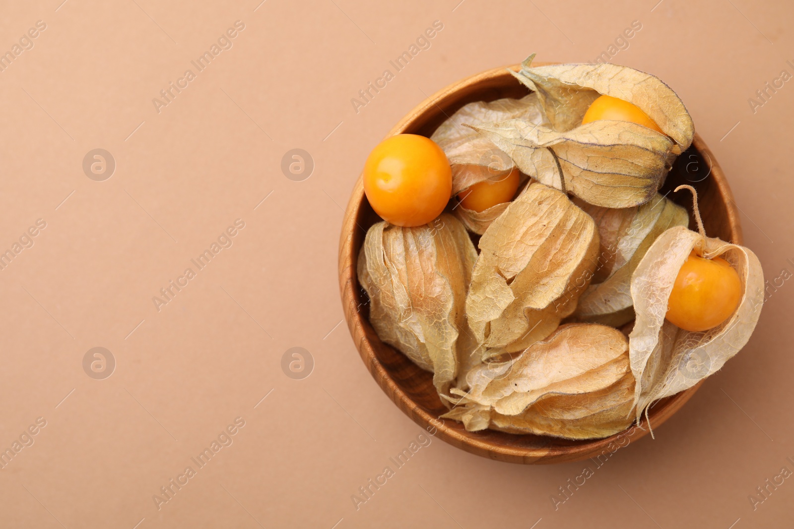 Photo of Ripe physalis fruits with calyxes in bowl on beige background, top view. Space for text