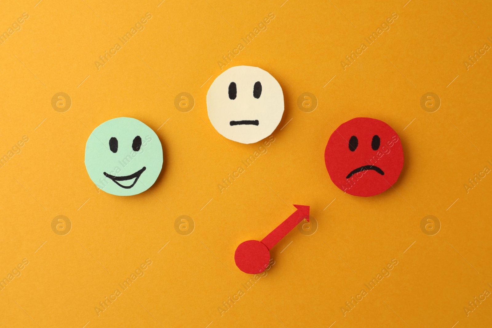 Photo of Mood indicator on yellow background, flat lay. Emotional management