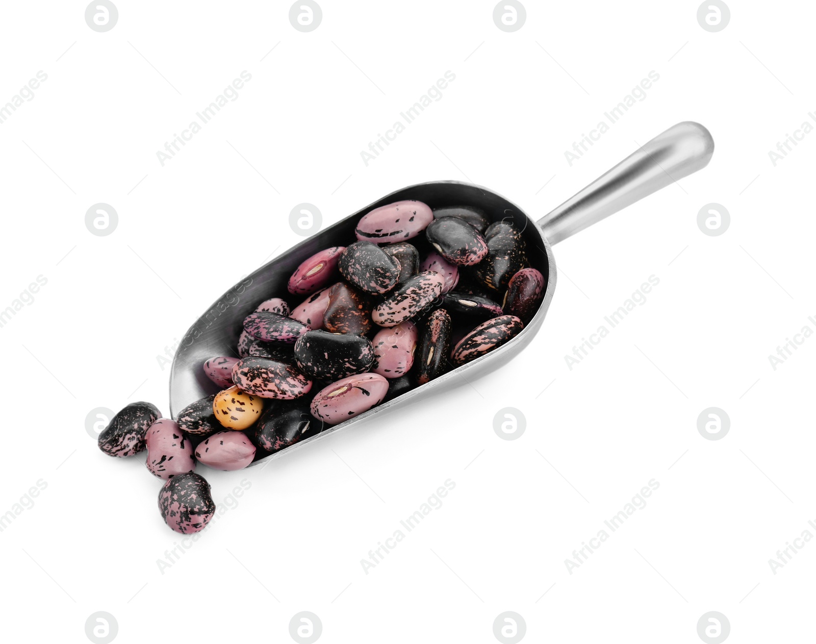 Photo of Metal scoop with dry kidney beans isolated on white