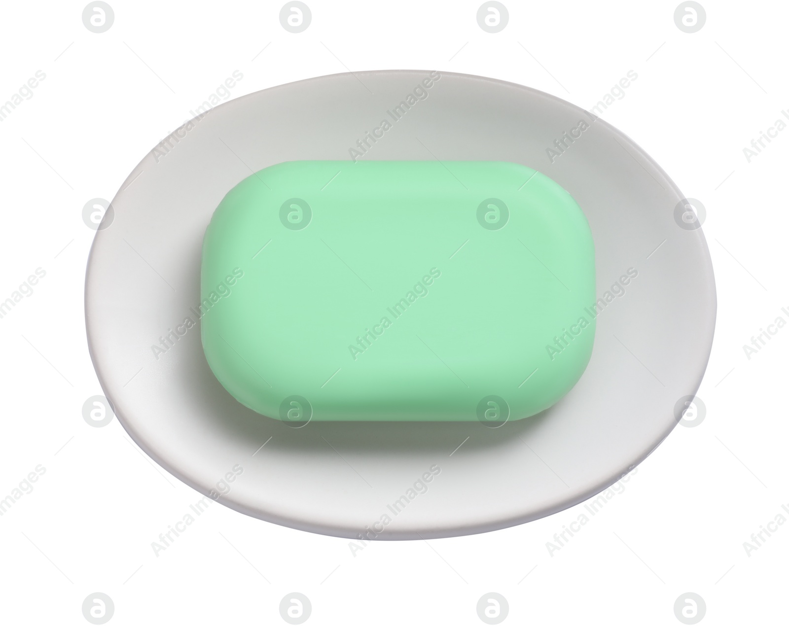 Photo of Holder with soap bar on white background, top view