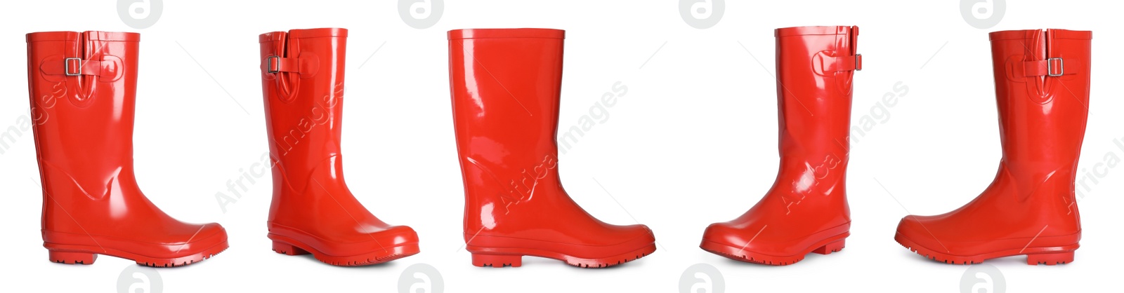 Image of Set with red rubber boots on white background. Banner design