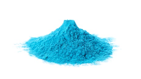 Photo of Light blue powder dye on white background. Holi festival