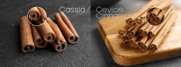 Image of Collage with photos of cassia and ceylon cinnamon sticks on black table, closeup. Banner design