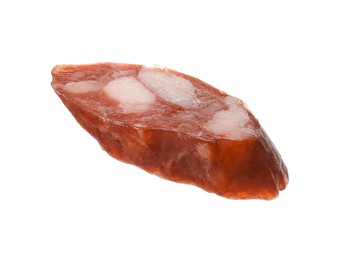 Piece of thin dry smoked sausage isolated on white