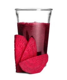 Photo of Glass of beet smoothie on white background