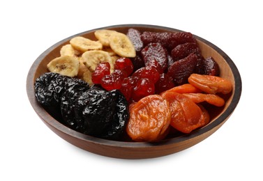 Photo of Mix of delicious dried fruits in wooden bowl isolated on white,