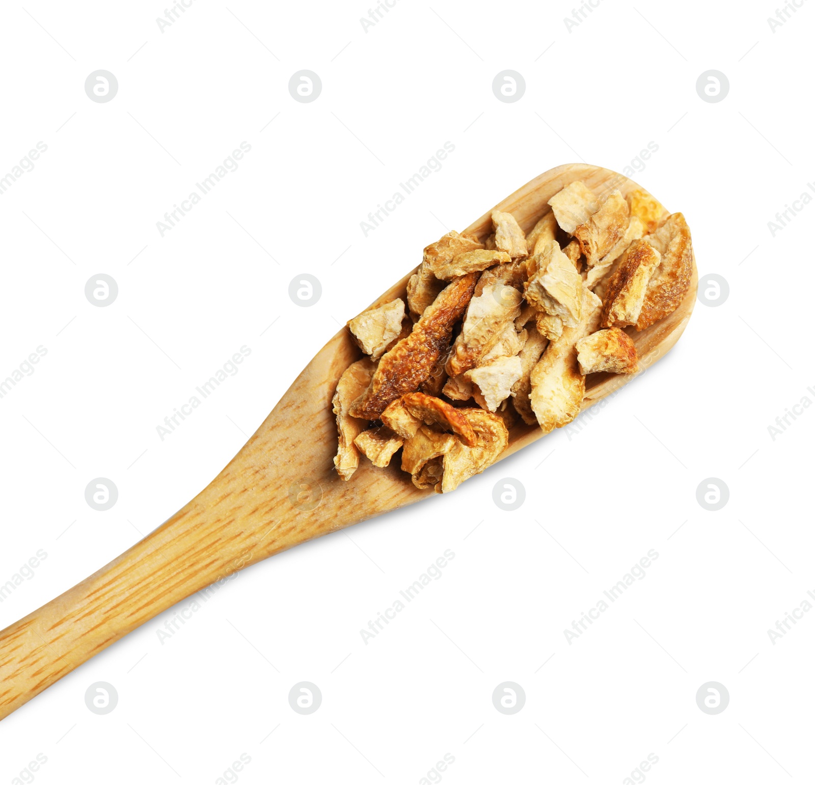 Photo of Scoop with dried orange zest seasoning isolated on white, top view. Space for text