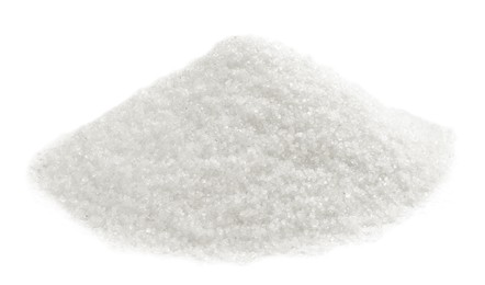 Photo of Pile of granulated sugar isolated on white